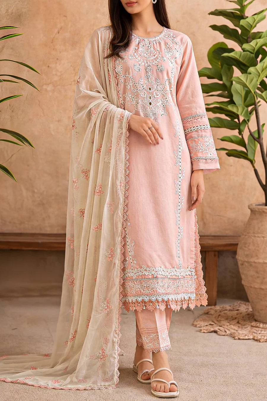 Solid Embroidered Cambric 2 Piece Suit