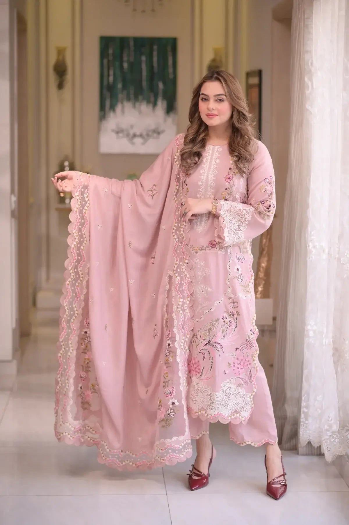 3 Piece Unstitched Heavy Embroidered Chickan Kari Lawn Suit By Naqoosh