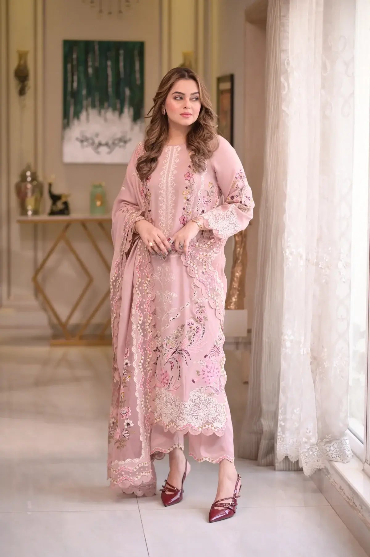 3 Piece Unstitched Heavy Embroidered Chickan Kari Lawn Suit By Naqoosh